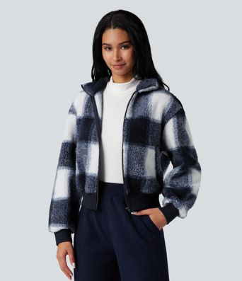 High-neck Contrast Ribbed Zip Fly Casual Sherpa Jacket with Pockets