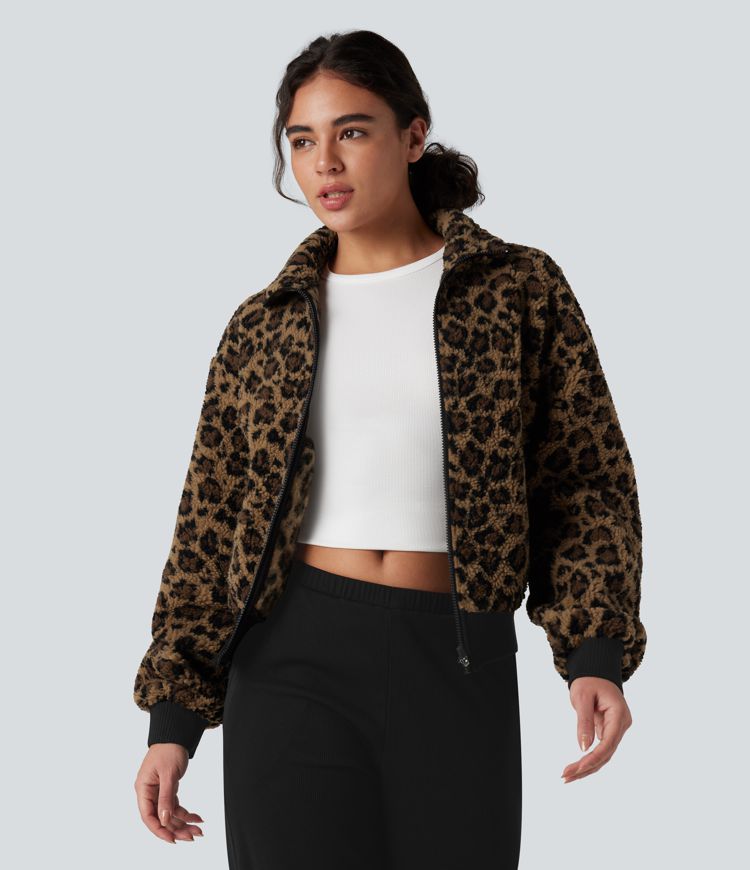 High-neck Contrast Ribbed Zip Fly Casual Sherpa Jacket with Pockets