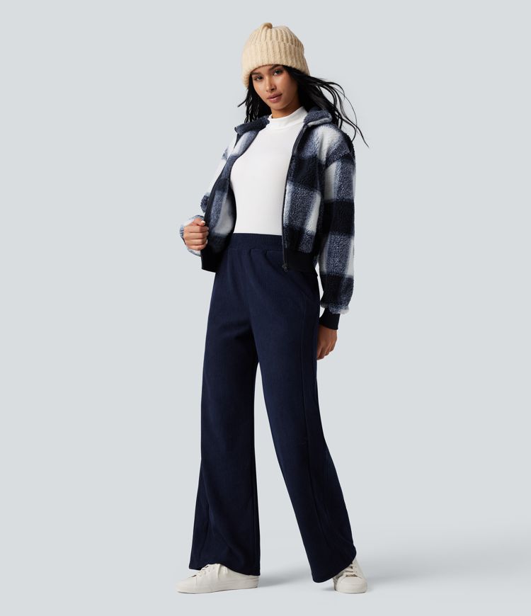 High-neck Contrast Ribbed Zip Fly Casual Sherpa Jacket with Pockets