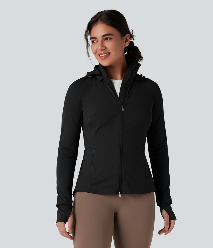 Removable Hood Thumb Holes Drawstring 2-Way Zipper Hiking Jacket with Pockets