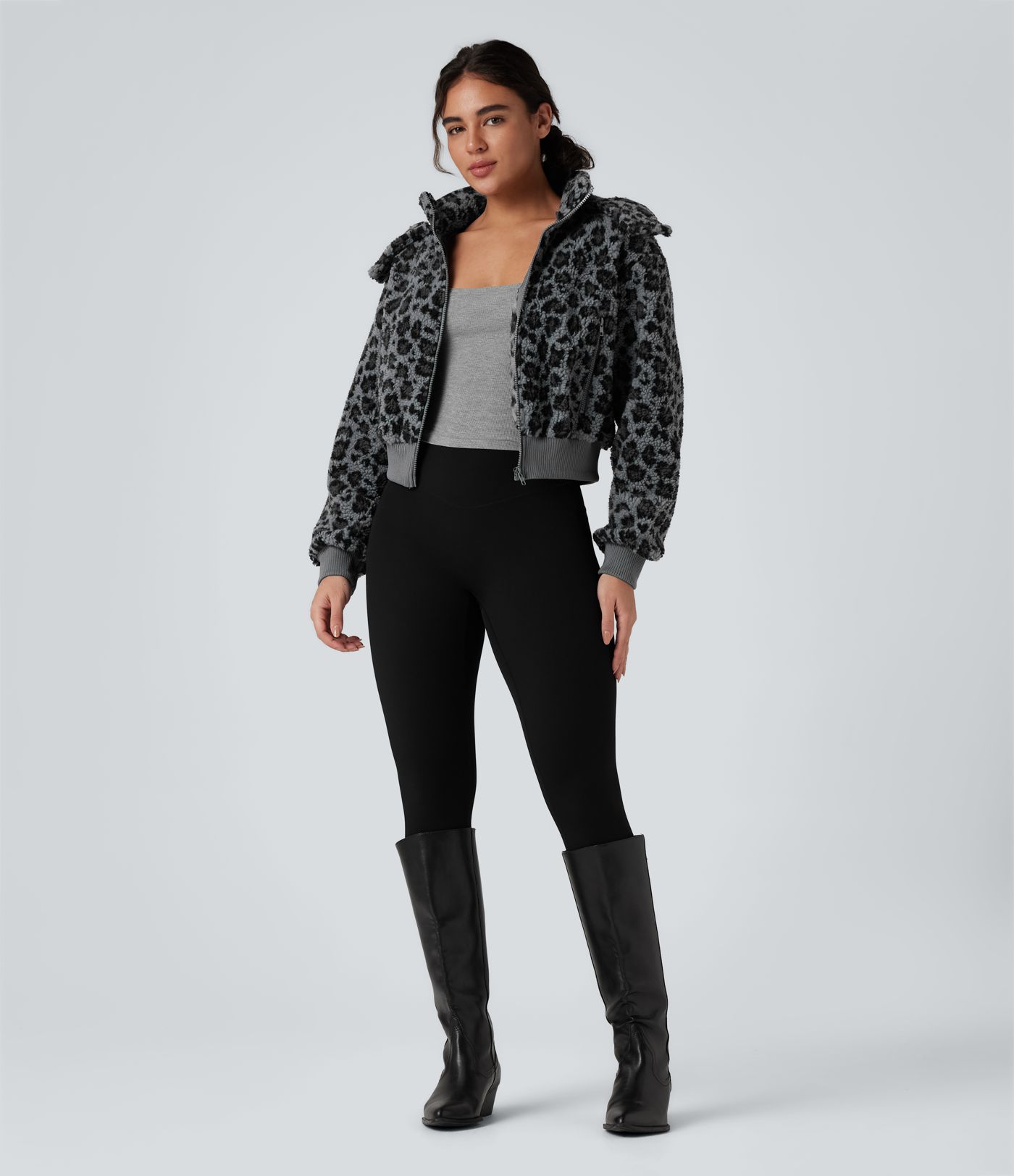 Removable Hood Leopard Print Casual Sherpa Jacket with Pockets