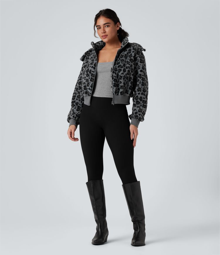 Removable Hood Leopard Print Casual Sherpa Jacket with Pockets