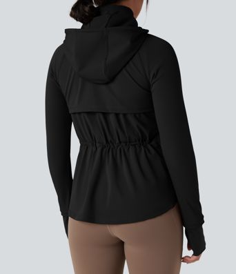 Removable Hood Thumb Holes Drawstring 2-Way Zipper Hiking Jacket with Pockets