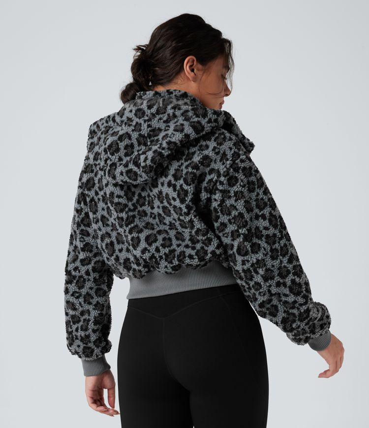 Removable Hood Leopard Print Casual Sherpa Jacket with Pockets