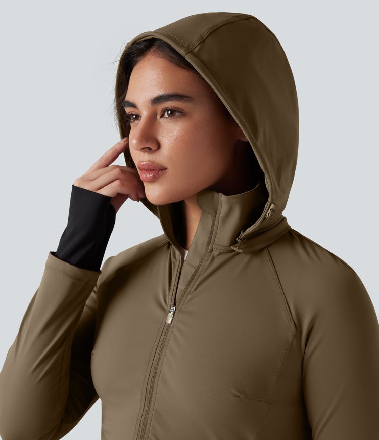 Removable Hood Thumb Holes Drawstring 2-Way Zipper Hiking Jacket with Pockets