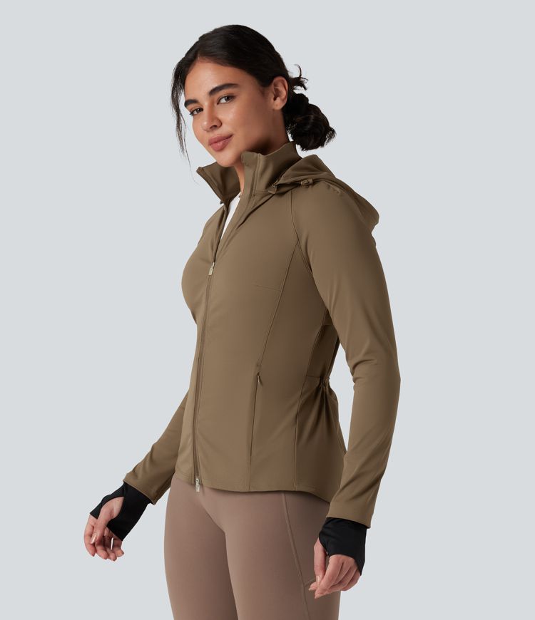 Removable Hood Thumb Holes Drawstring 2-Way Zipper Hiking Jacket with Pockets