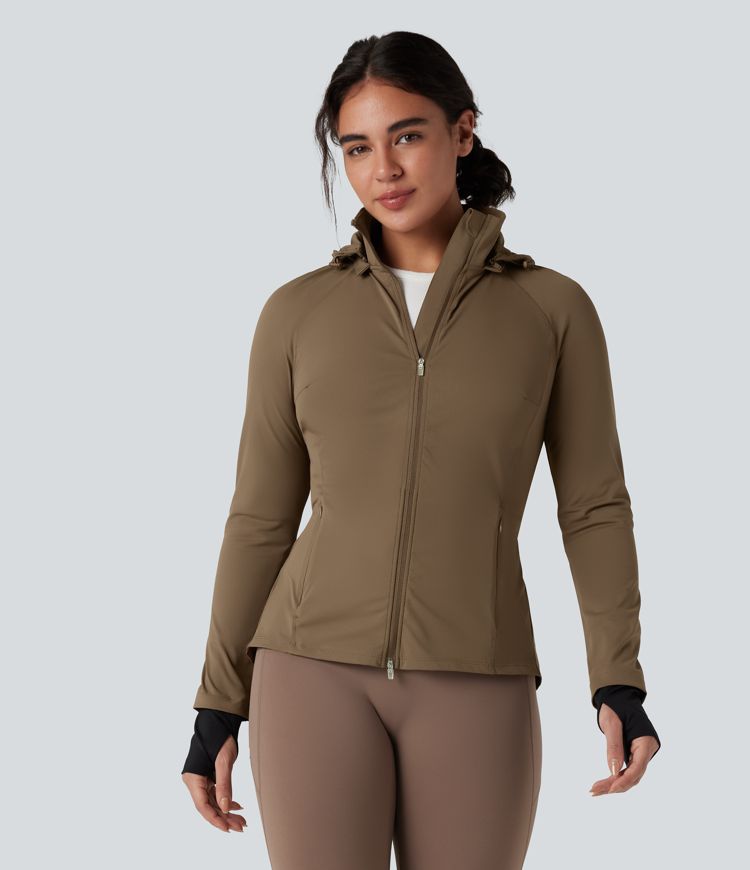 Veste randonnée capuche amovible double zip cordon de serrage avec trous pouces et poches