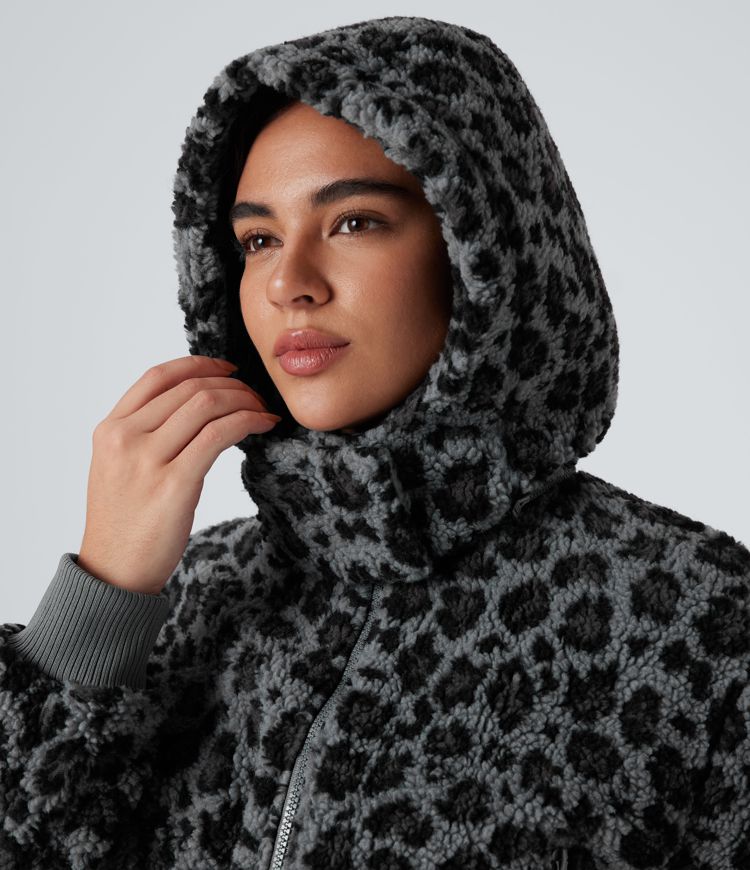 Removable Hood Leopard Print Casual Sherpa Jacket with Pockets
