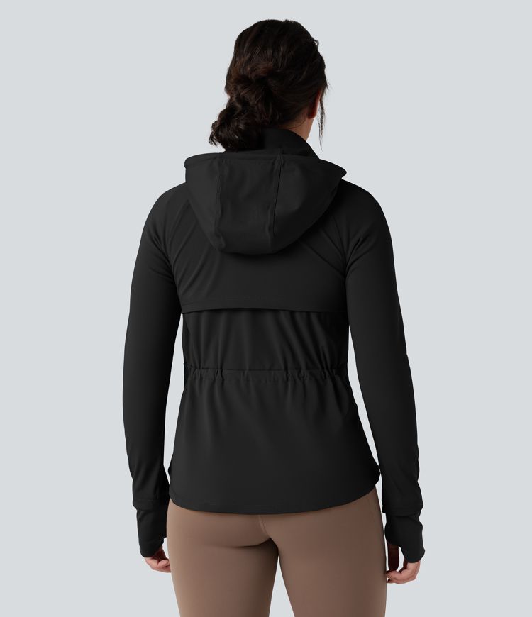 Removable Hood Thumb Holes Drawstring 2-Way Zipper Hiking Jacket with Pockets