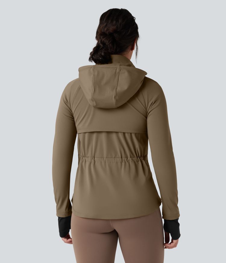 Removable Hood Thumb Holes Drawstring 2-Way Zipper Hiking Jacket with Pockets