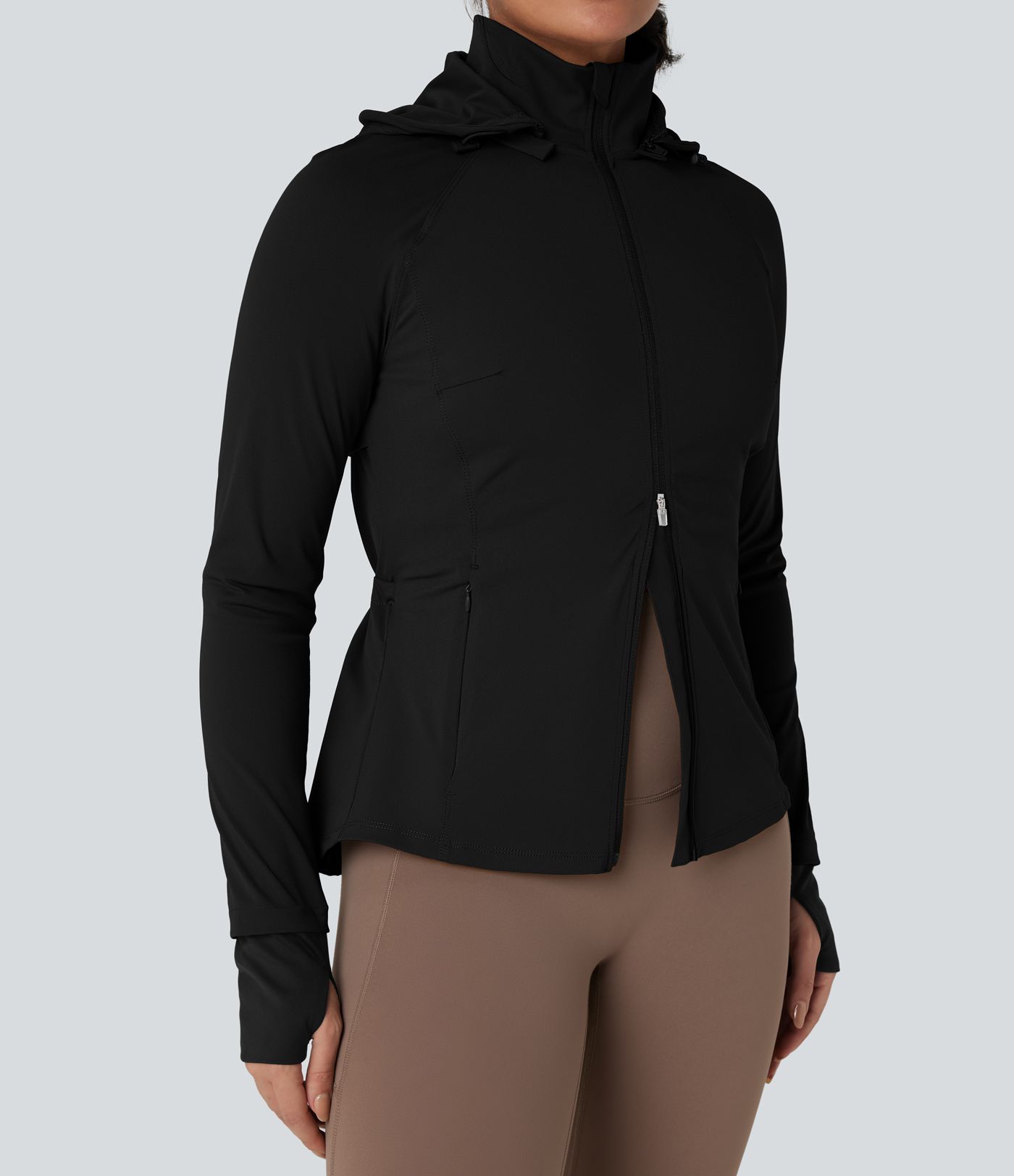 Removable Hood Thumb Holes Drawstring 2-Way Zipper Hiking Jacket with Pockets