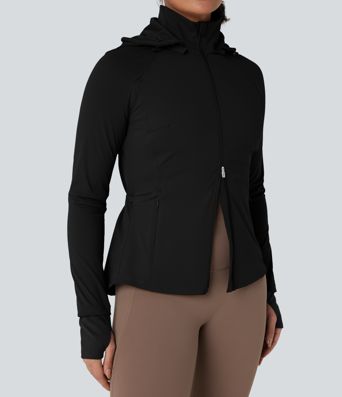 Removable Hood Thumb Holes Drawstring 2-Way Zipper Hiking Jacket with Pockets