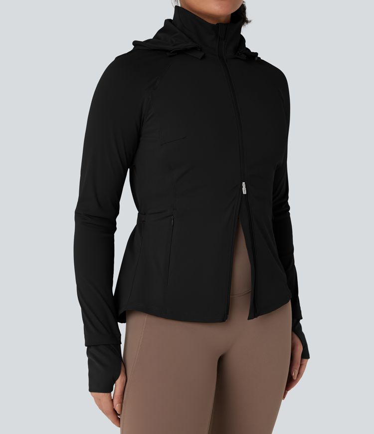 Removable Hood Thumb Holes Drawstring 2-Way Zipper Hiking Jacket with Pockets