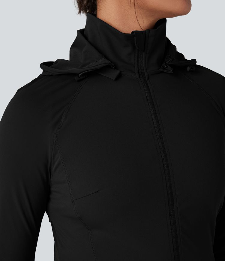 Removable Hood Thumb Holes Drawstring 2-Way Zipper Hiking Jacket with Pockets