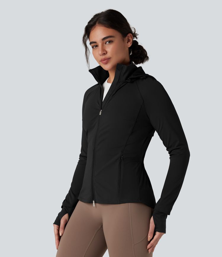 Removable Hood Thumb Holes Drawstring 2-Way Zipper Hiking Jacket with Pockets