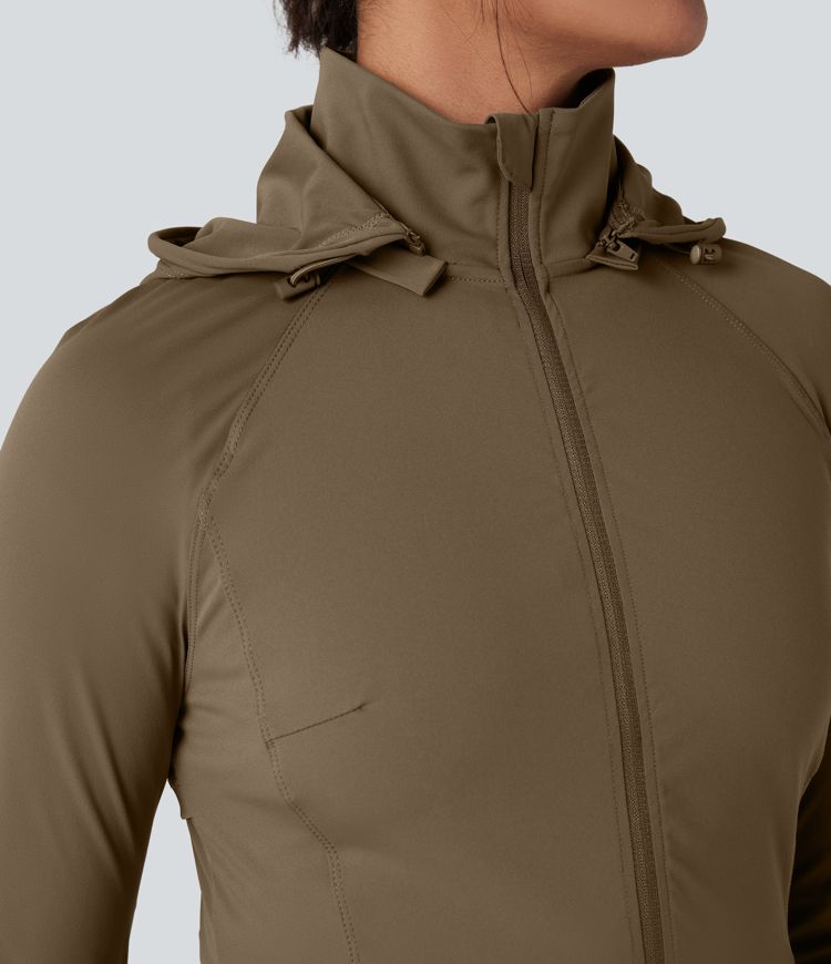 Removable Hood Thumb Holes Drawstring 2-Way Zipper Hiking Jacket with Pockets