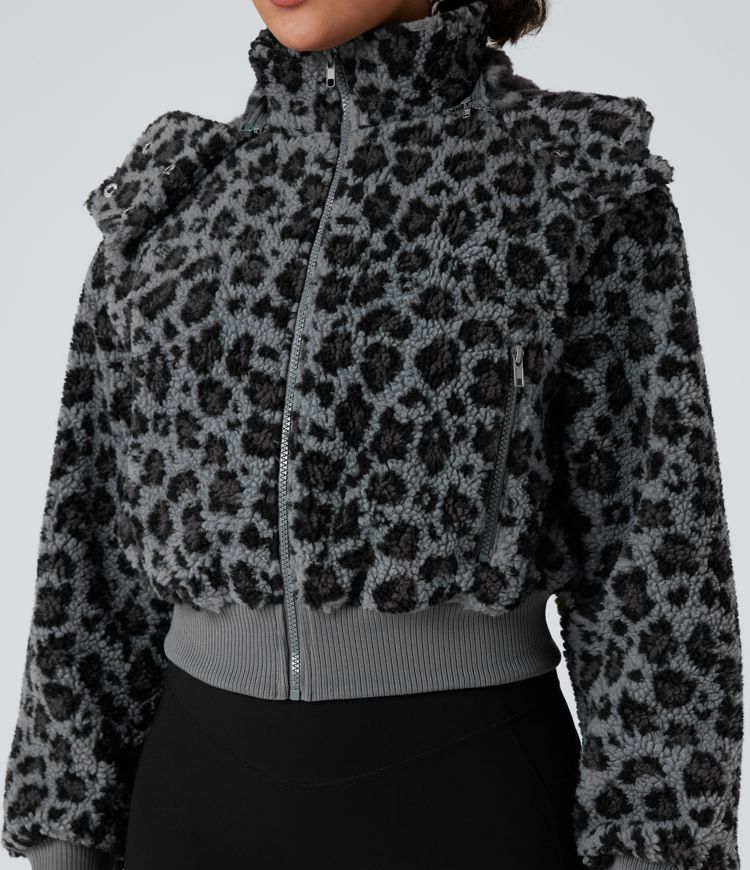 Removable Hood Leopard Print Casual Sherpa Jacket with Pockets