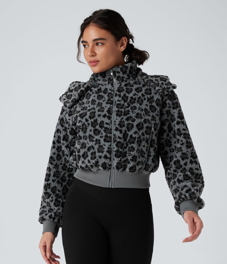 Removable Hood Leopard Print Casual Sherpa Jacket with Pockets