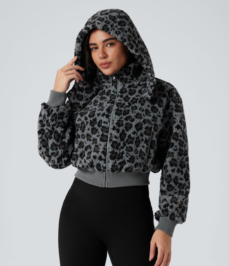 Removable Hood Leopard Print Casual Sherpa Jacket with Pockets