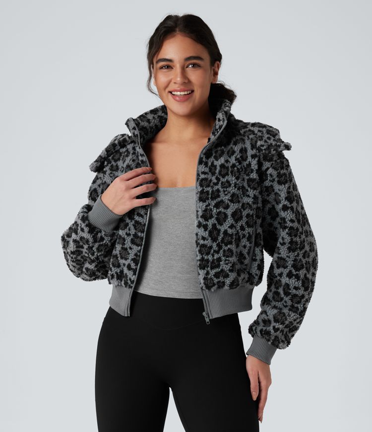 Removable Hood Leopard Print Casual Sherpa Jacket with Pockets