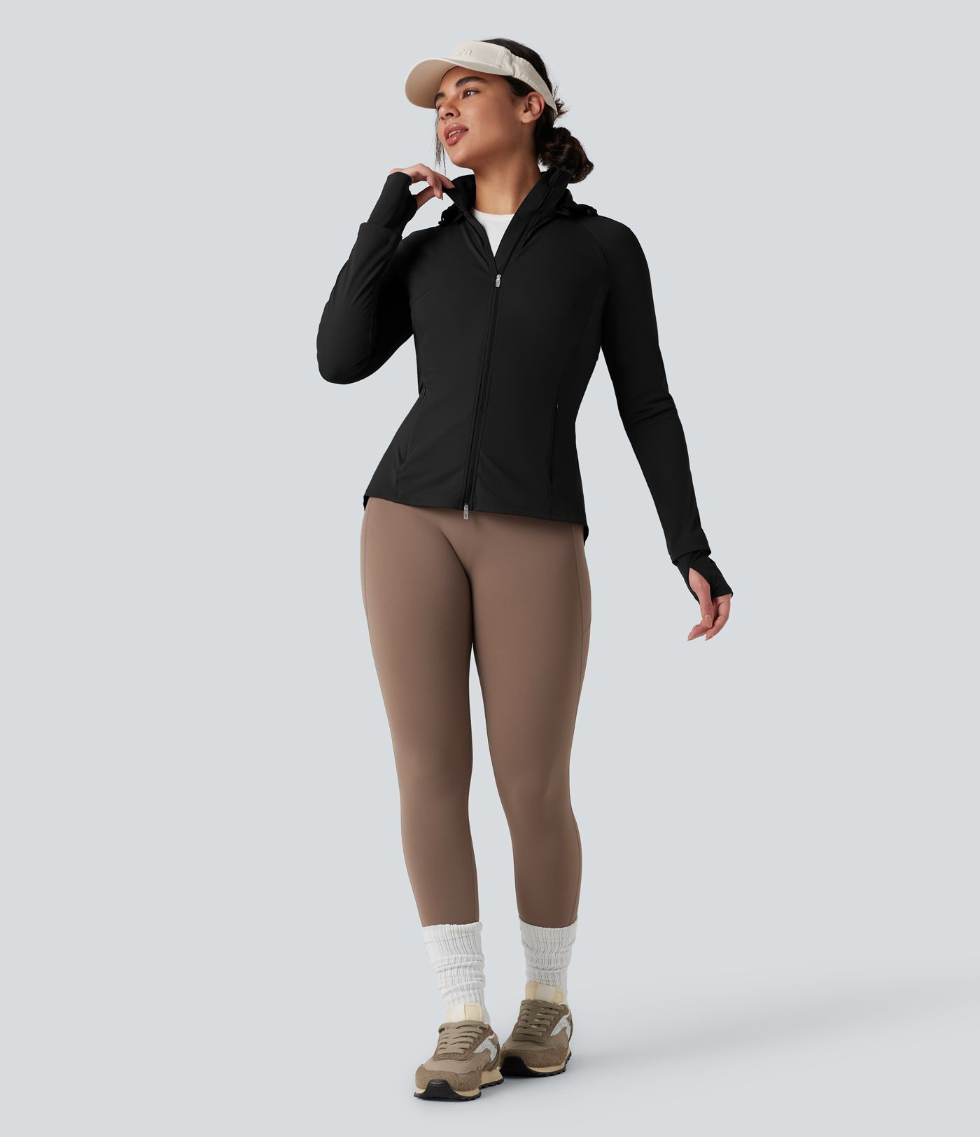 Removable Hood Thumb Holes Drawstring 2-Way Zipper Hiking Jacket with Pockets