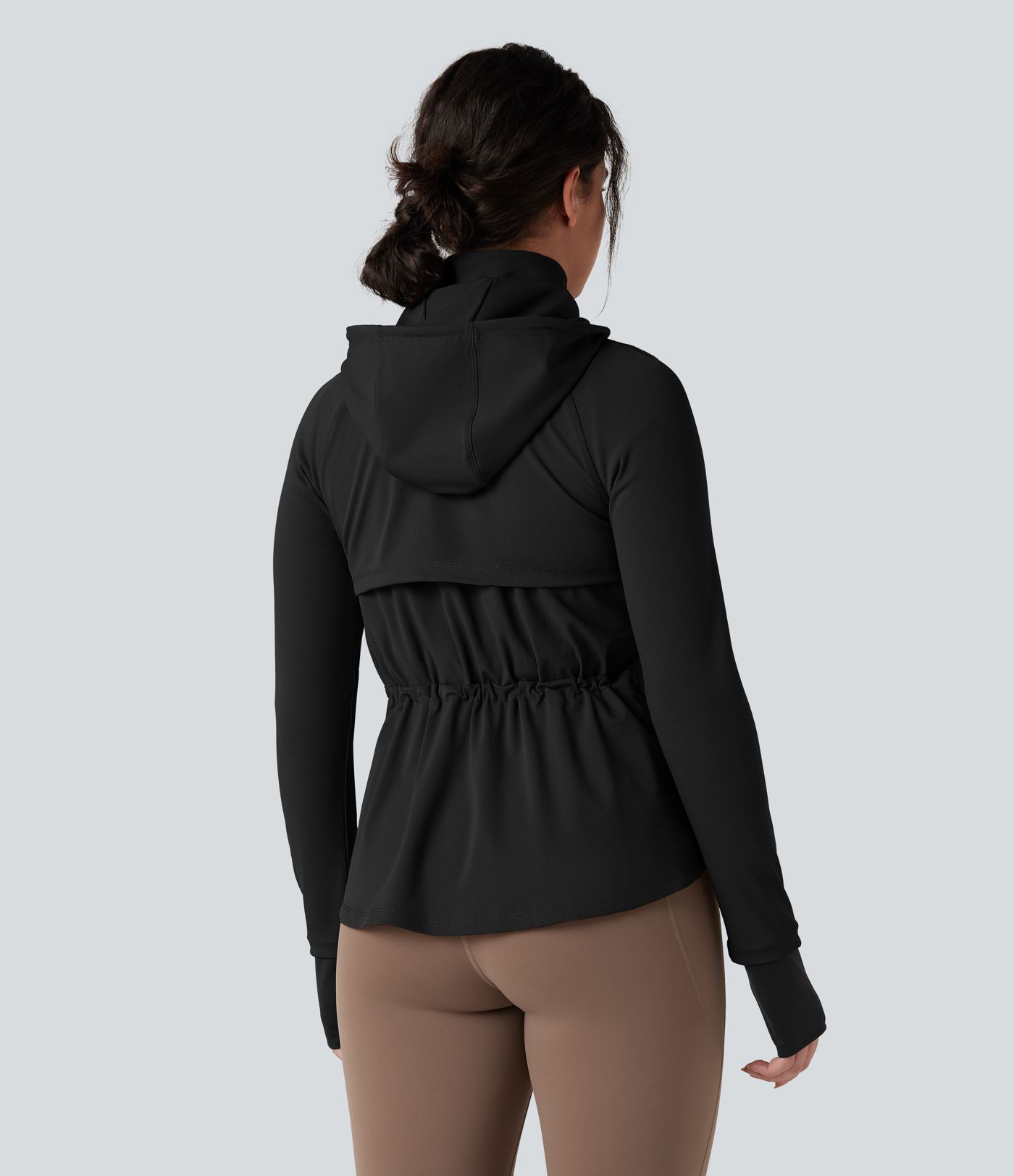 Removable Hood Thumb Holes Drawstring 2-Way Zipper Hiking Jacket with Pockets