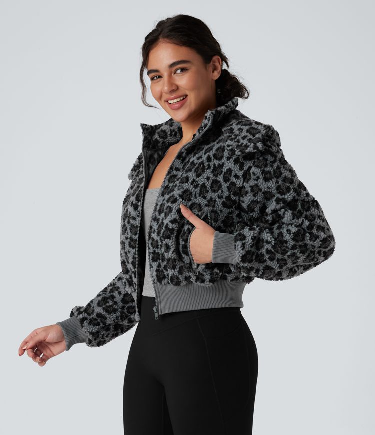 Removable Hood Leopard Print Casual Sherpa Jacket with Pockets