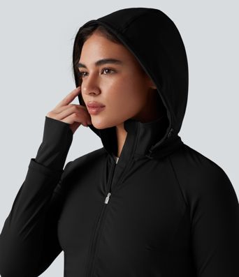 Removable Hood Thumb Holes Drawstring 2-Way Zipper Hiking Jacket with Pockets