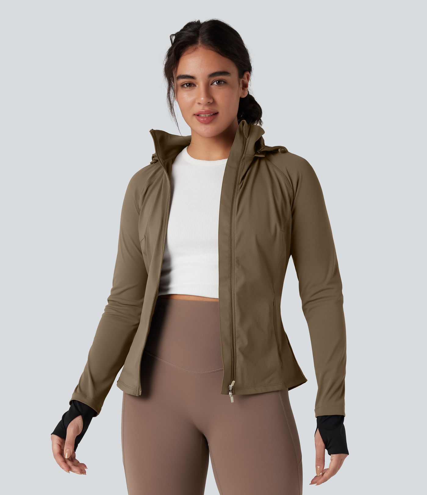 Removable Hood Thumb Holes Drawstring 2-Way Zipper Hiking Jacket with Pockets