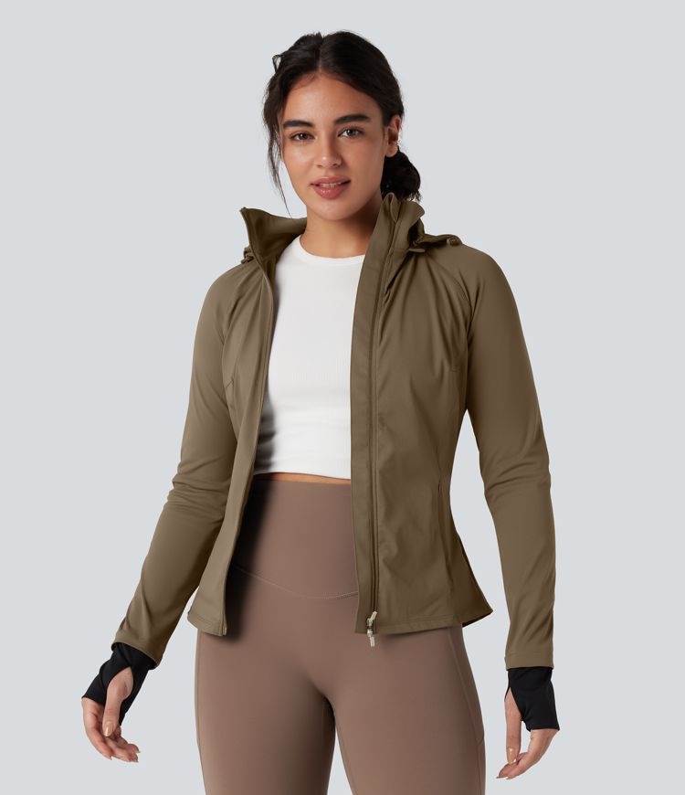 Removable Hood Thumb Holes Drawstring 2-Way Zipper Hiking Jacket with Pockets