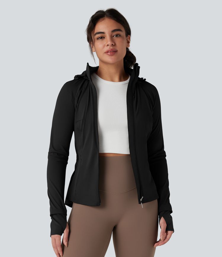 Removable Hood Thumb Holes Drawstring 2-Way Zipper Hiking Jacket with Pockets