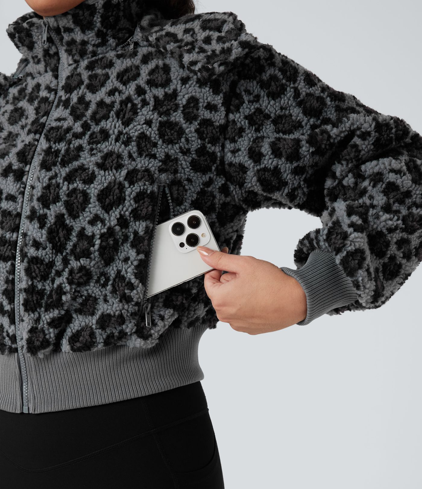 Removable Hood Leopard Print Casual Sherpa Jacket with Pockets