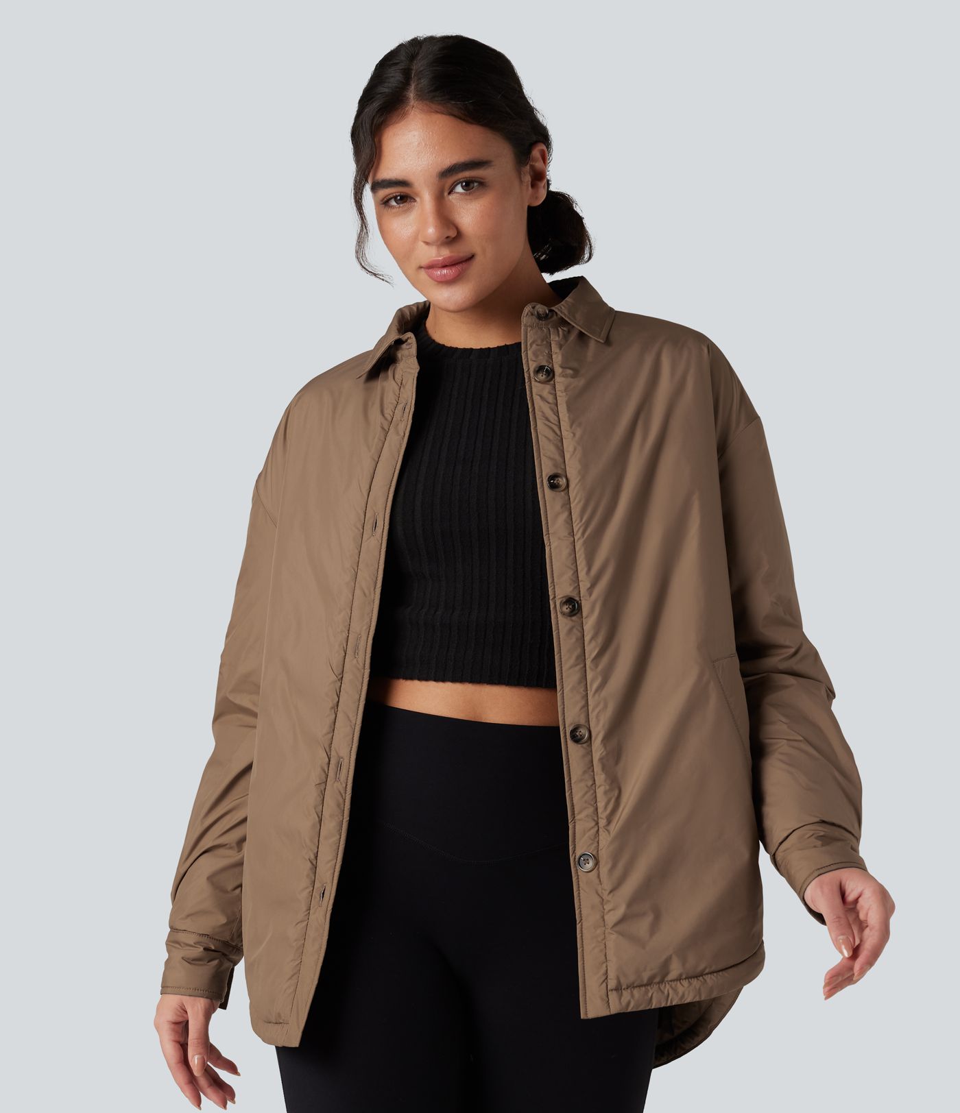 Durable Water Repellent Collar Curved Hem Casual Padded Jacket with Pockets