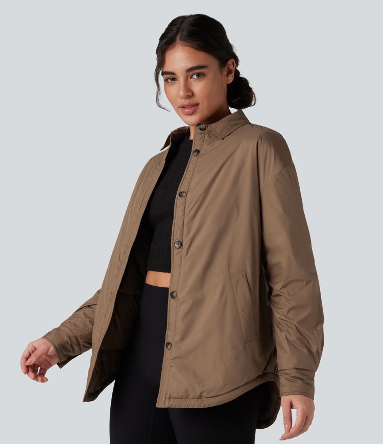 Durable Water Repellent Collar Curved Hem Casual Padded Jacket with Pockets