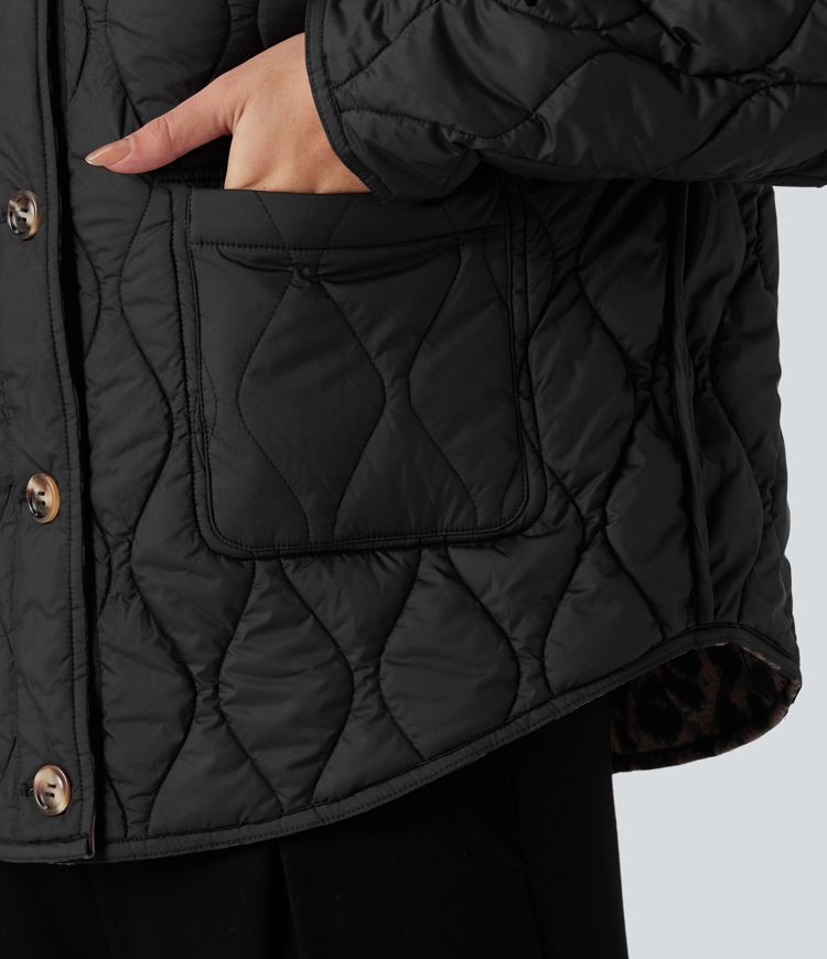 Reversible Durable Water Repellent Curved Hem Casual Padded Jacket with Pockets
