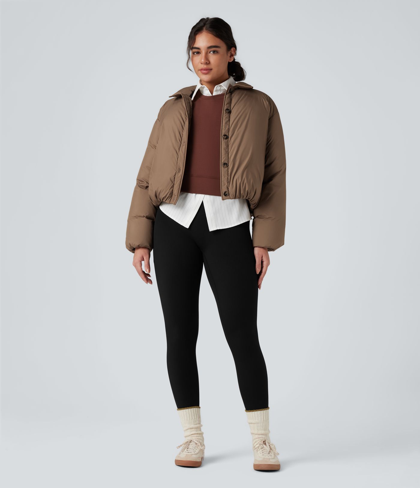 Durable Water Repellent Collar Long Sleeve Button Fly Casual Puffer Down Jacket with Pockets