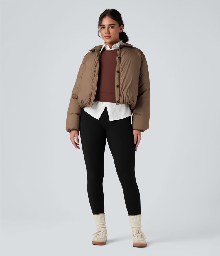 Collar Long Sleeve Button Fly Casual Down Jacket with Pockets