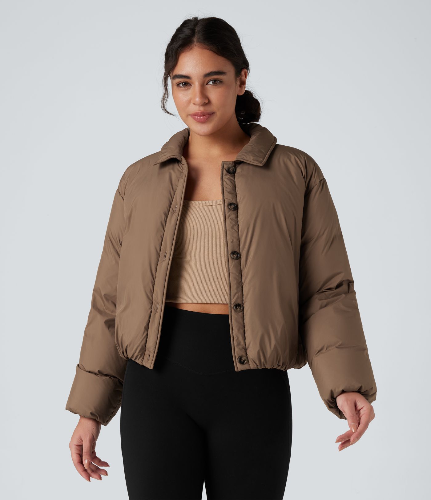 Durable Water Repellent Collar Long Sleeve Button Fly Casual Puffer Down Jacket with Pockets