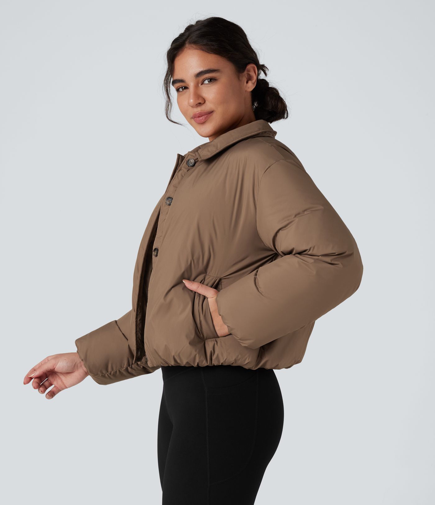 Durable Water Repellent Collar Long Sleeve Button Fly Casual Puffer Down Jacket with Pockets