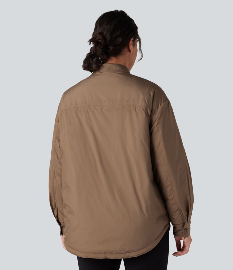 Durable Water Repellent Collar Curved Hem Casual Padded Jacket with Pockets