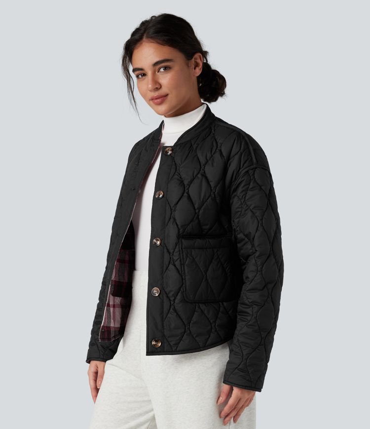 Reversible Durable Water Repellent Curved Hem Casual Quilted Jacket with Pockets