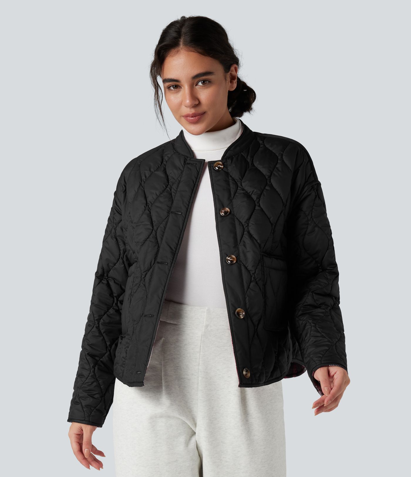 Reversible Durable Water Repellent Curved Hem Casual Quilted Jacket with Pockets