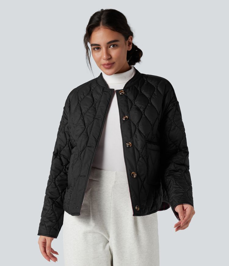 Reversible Durable Water Repellent Curved Hem Casual Quilted Jacket with Pockets