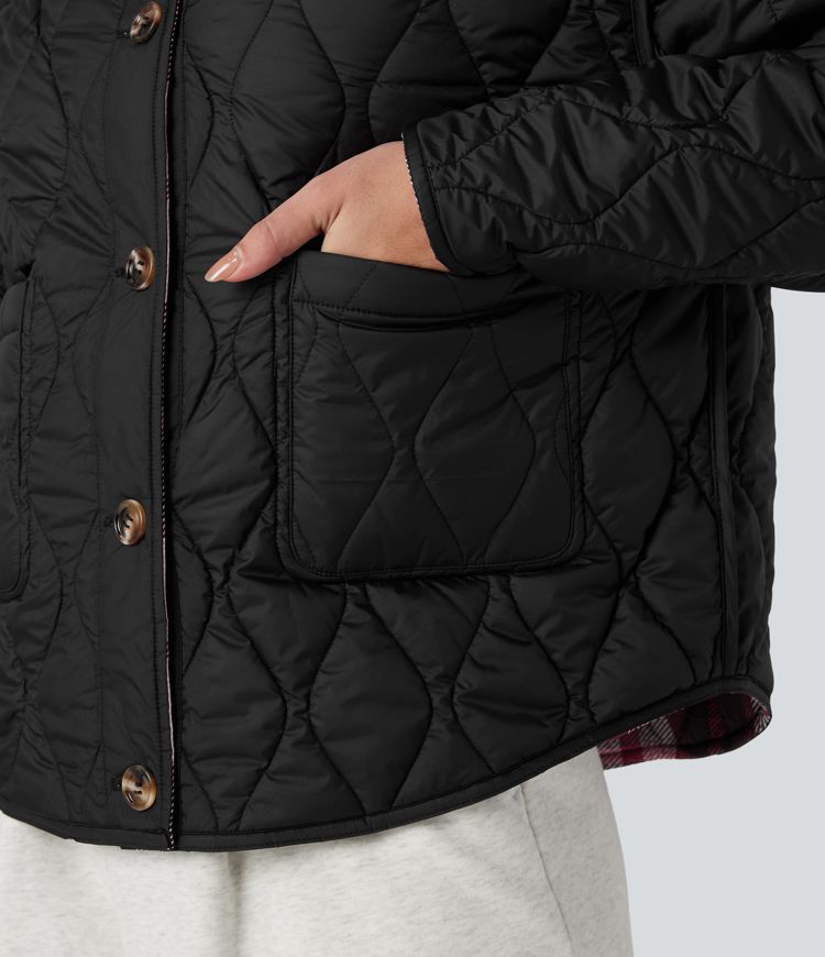 Reversible Durable Water Repellent Curved Hem Casual Quilted Jacket with Pockets