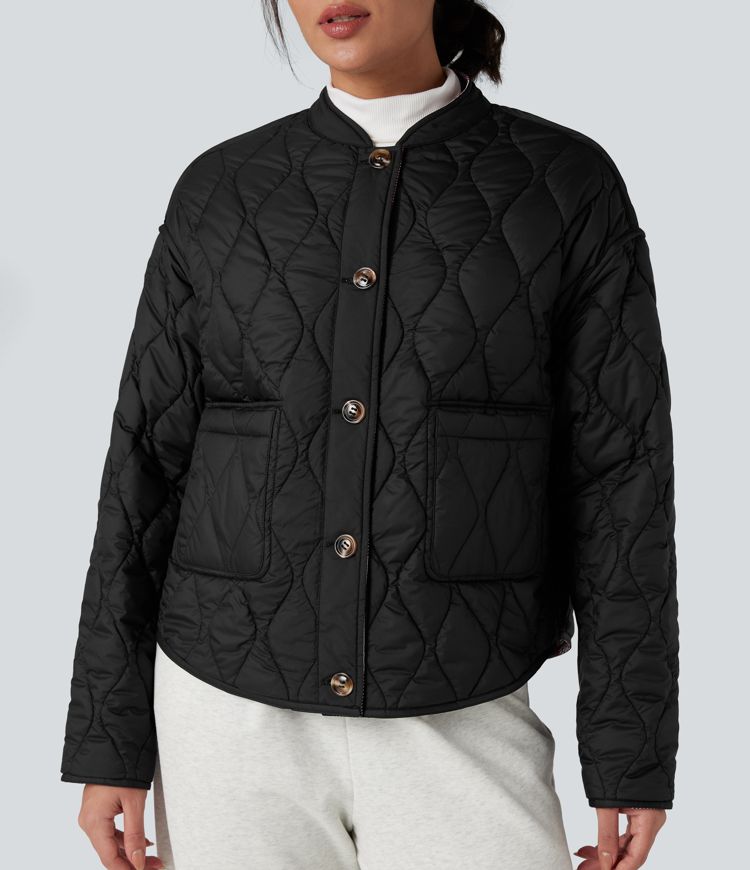 Reversible Durable Water Repellent Curved Hem Casual Quilted Jacket with Pockets