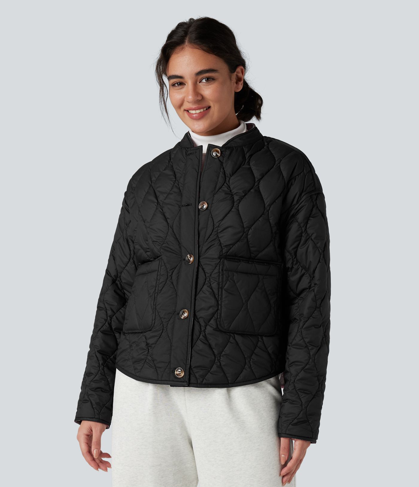 Reversible Durable Water Repellent Curved Hem Casual Quilted Jacket with Pockets