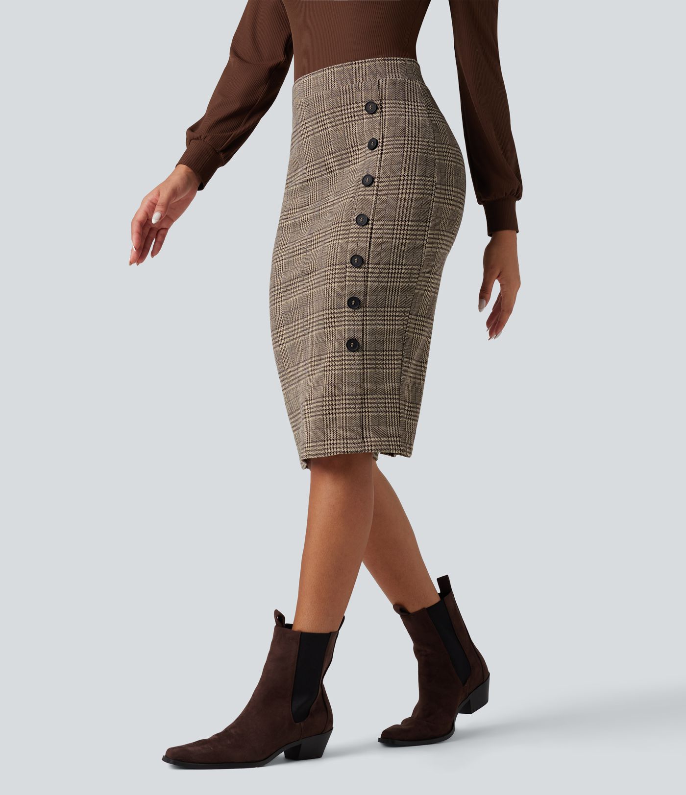 High Waisted Bodycon Houndstooth Plaid Knee Length Work Skirt