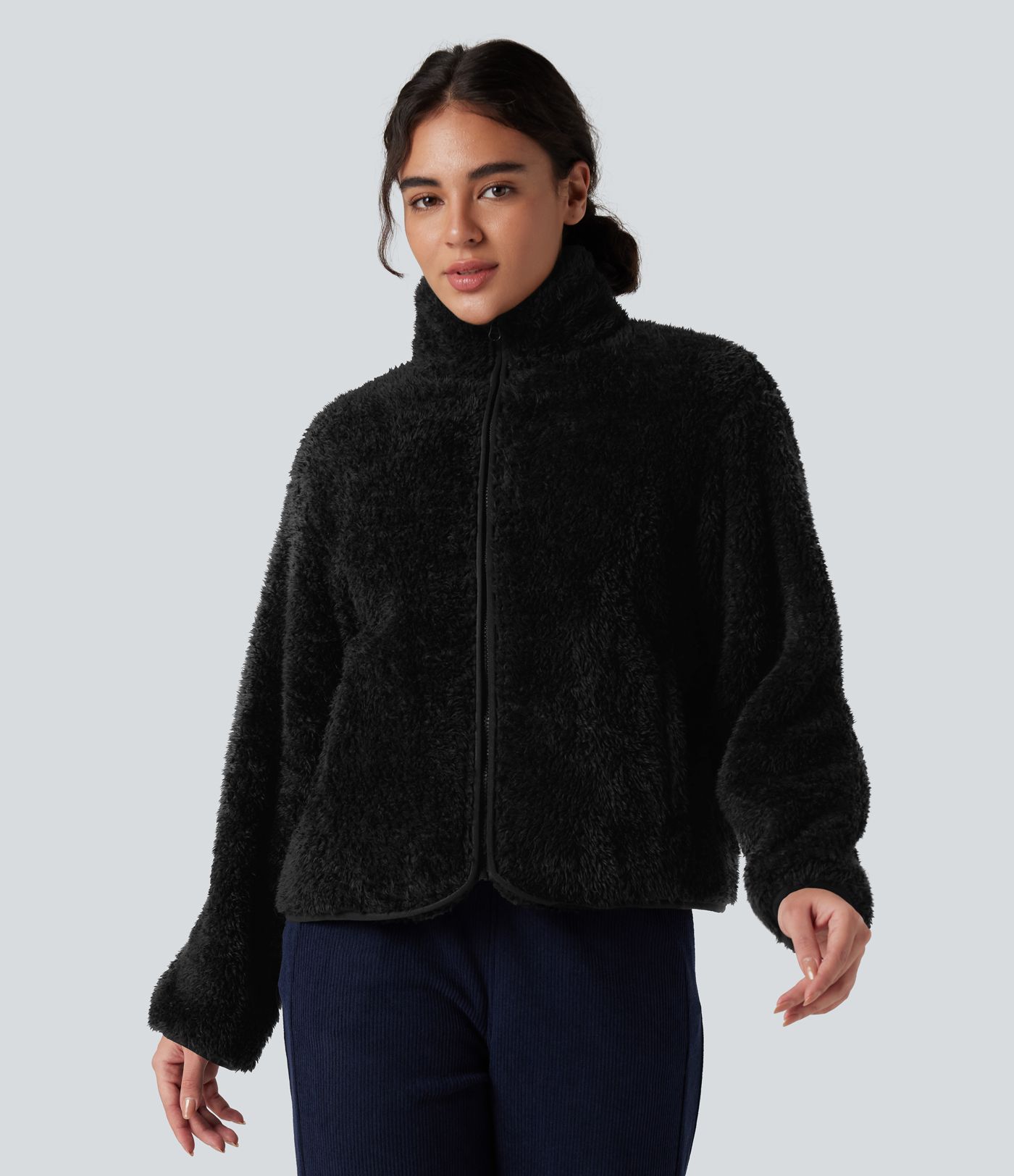 Stand Collar Long Sleeve Casual Sherpa Jacket with Pockets