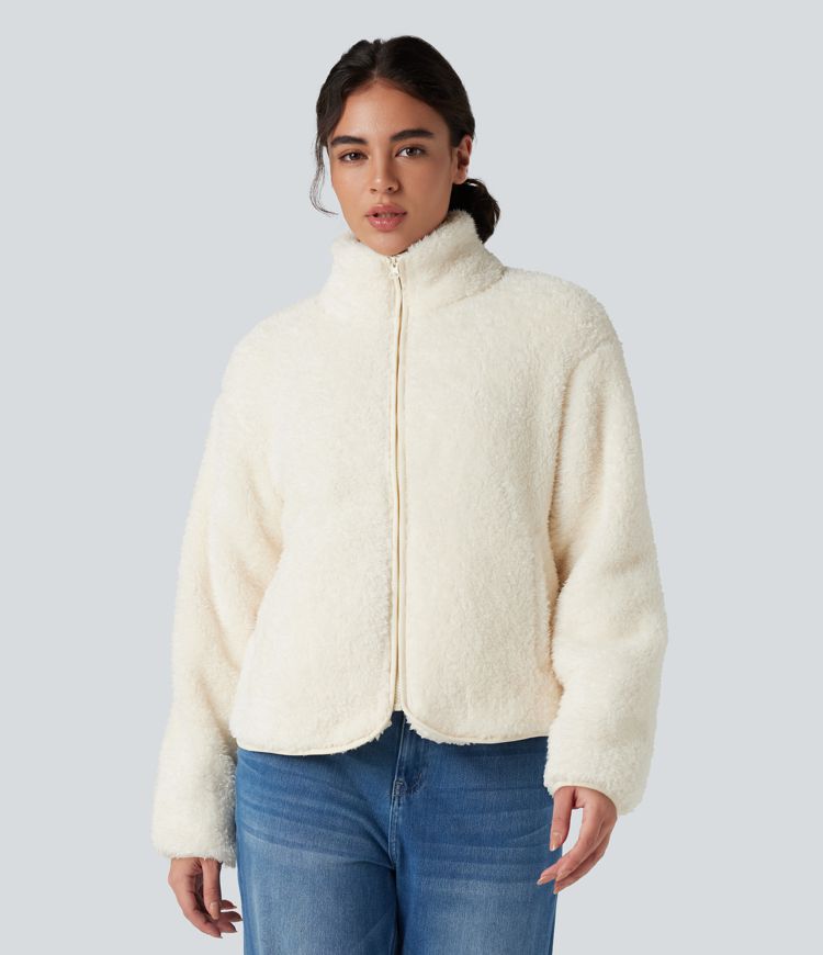 Stand Collar Long Sleeve Casual Sherpa Jacket with Pockets