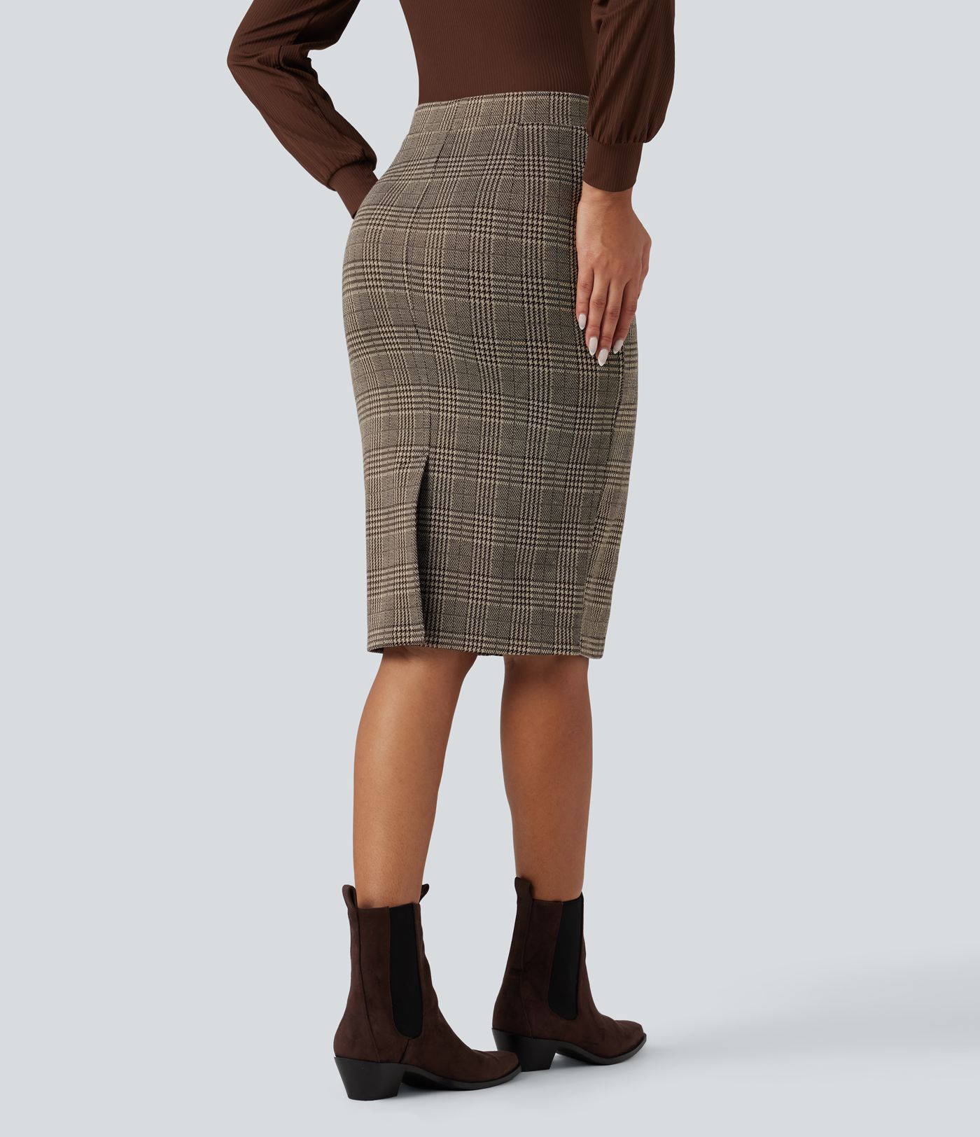 High Waisted Bodycon Houndstooth Plaid Knee Length Work Skirt
